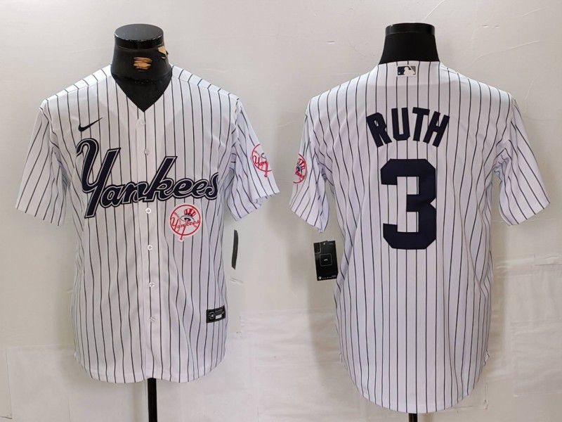 Men New York Yankees 3 Ruth White stripe Three generations of joint names Nike 2024 MLB Jersey style 3